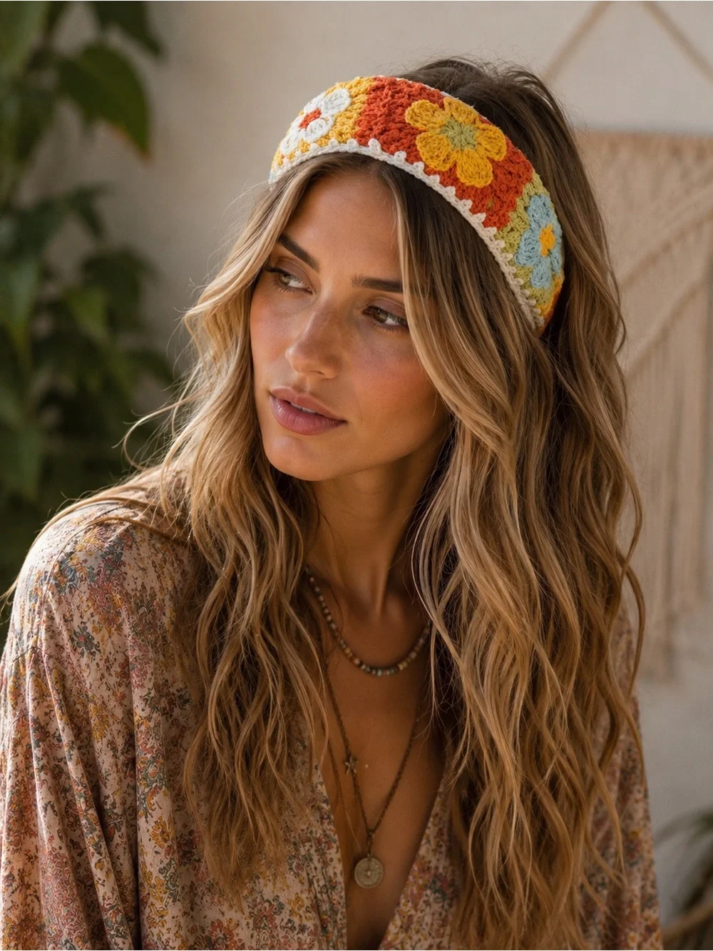 Bohemian knit headband, floral patchwork, multi color. NEW